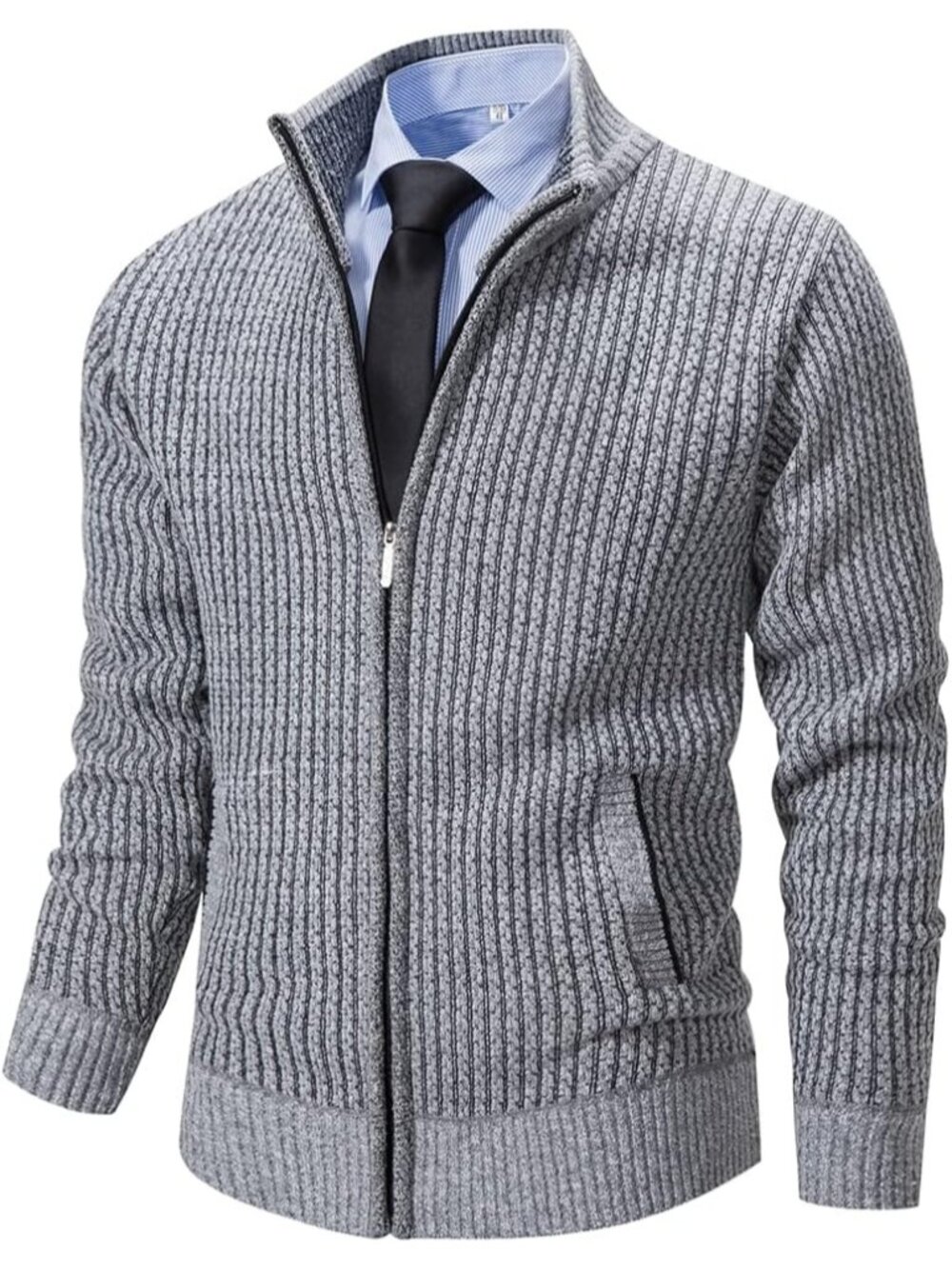 🆕Men Light Grey Cardigan Sweaters Full Zip Knitted Zipper Stand Collar Business